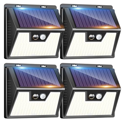 kolpop Luz Solar Exterior potente Blanco frío, [4 Paquete/3 Modos] focos led exterior solares 140 LED, Luz solar exterior con sensor de movimiento Impermeable IP65 foco solar para terraza