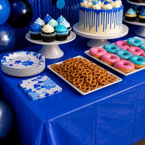 Image of Blue Orchards Royal Blue Plastic Table Cover (Pack of 3 with 20 Glue dots) - 54 inch x 108 inch - Blue Waterproof & Disposable Tablecloth, Navy Blue Decor for Birthday, Party Supplies, Baby Shower, Wedding