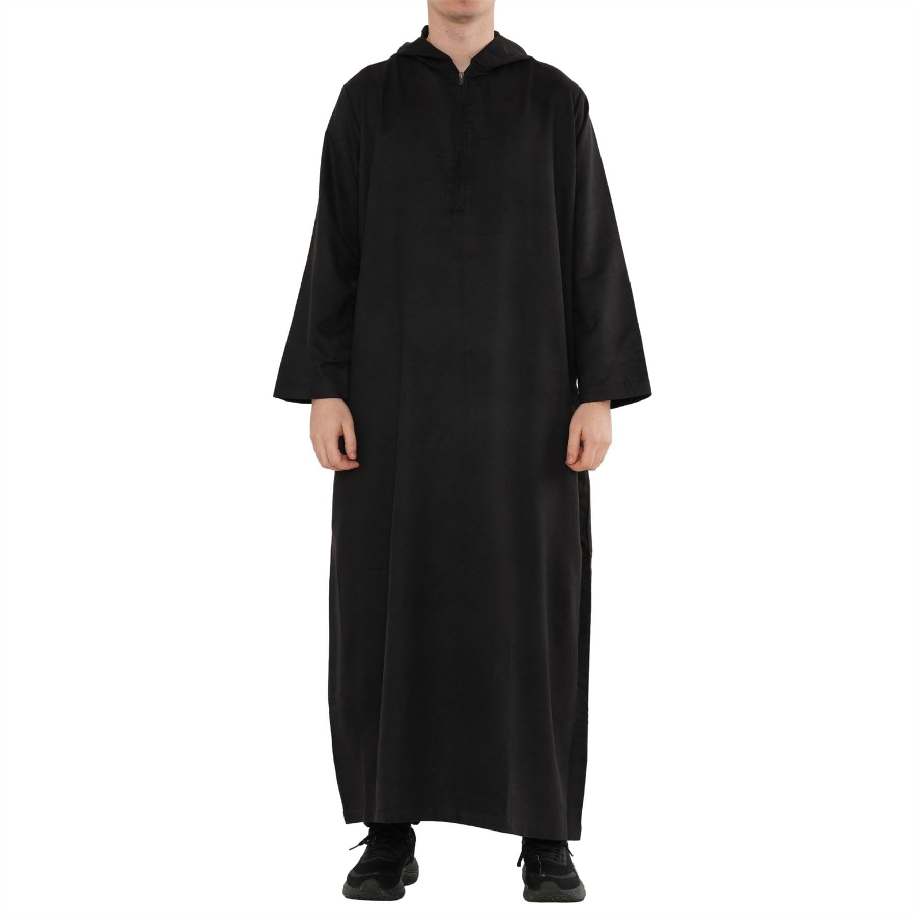 Thobez Men's Hooded Suede Thobe Emirati Omani Zipped Jubba Islamic Clothing Kaftan Eid Robe - Black 58