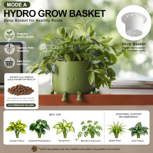 Image of 5.2 Inch Hydroponic Happy Face Planter with 3 Interchangeable Grow Baskets, Water Culture Pot for Pothos, Lucky Bamboo & Plant Propagation, Decorative Desktop Planter for Home & Office, Dark Green
