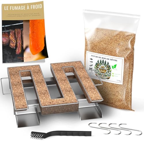 Générateur/Serpentin de Fumée Froide pour Fumoir Viande et Poisson + 1.2kg de Sciure de bois de hêtre + 4 crochets et 1 Brosse de nettoyage - Guide...