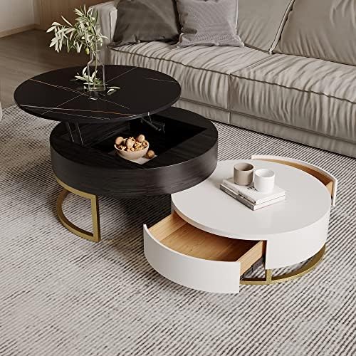 MGH Round Set of 2 Lift-Top Wood Coffee Table Lifts up,Nesting Coffee Table with Storag, Rotatable Drawers for Living Room, Office, Balcony (Black)