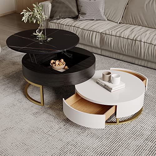 Mgh Round Set Of 2 Lift-Top Wood Coffee Table Lifts Up,Nesting Coffee Table With Storag, Rotatable Drawers For Living Room, Office, Balcony (Black) #TOP2