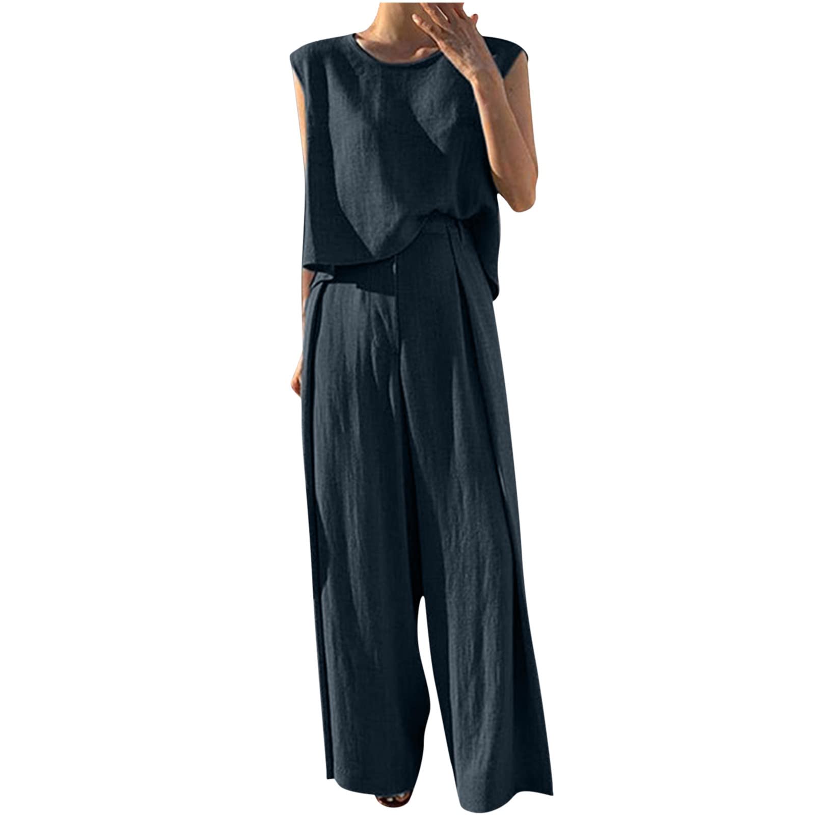 SYDUZAX Ensemble Femme Chic 2 Pièces Coton Lin - Haut Fluide Col V + Pantalon Décontracté