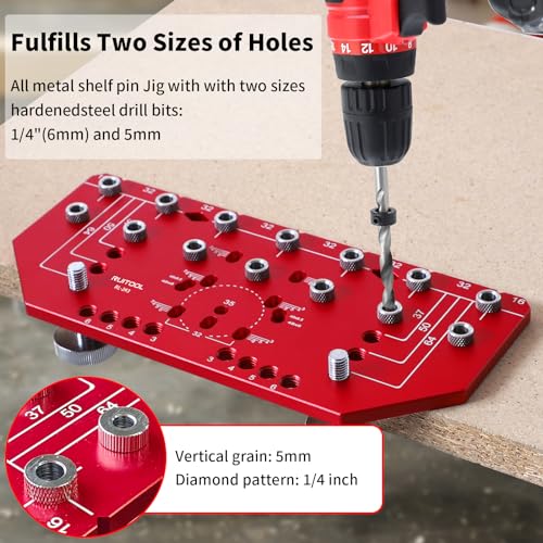Image of RUITOOL Shelf Pin Jig and Hinge Jig Two-in-One, Self-contained Clamping Function All Metal Shelf Pin Drilling Jig with 1 /4 inch and 5mm Drill Bits, Shelf Jig and Cabinet Hardware Jig Tool Drill Guide