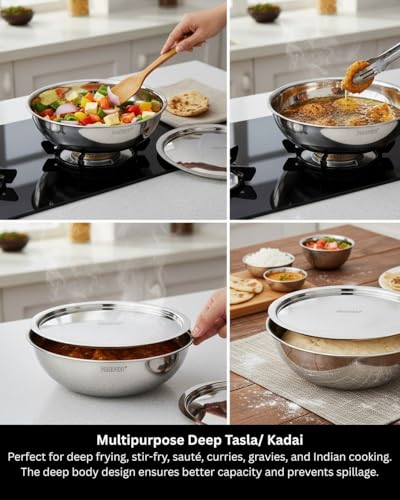 Image of Pradeep Triply Stainless Steel Tasla with SS Lid|3 Ply Tasla /Kadai /Wok|18 /10 Food Grade Steel|Induction&Gas|Heavy Gauge2.5 mm|Deep Kadhai for Frying,Saute,Curry Cooking|Cookware (22cm-1900ml)
