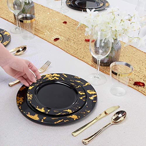 Nervure 102Pcs Black Marbling Plastic Plates - Disposable Black Plastic Plates - Black And Gold Plastic Plates Include 51 Black Dinner Plates 10.25Inch, 51 Salad Plates 7.5Inch For Party & Wedding #TOP2
