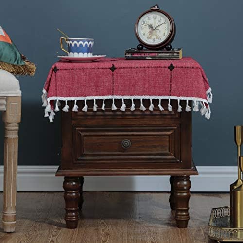 LUCKYHOUSEHOME Cotton Linen Checked Lattice Small Square Tablecloth Embroidery Tassel Table Cover for Home Dinning Tabletop 35x35 Inch(90x90cm), Gray