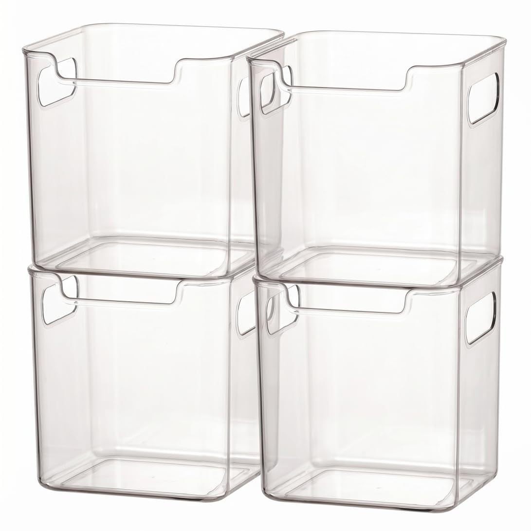 Wilafury 4Pcs Fridge Organizers, Clear Freezer Storage Bins for Side Door, Food-Contact Plastic Containers for Pantry Cabinets Shelves, 9.3x12x12 cm