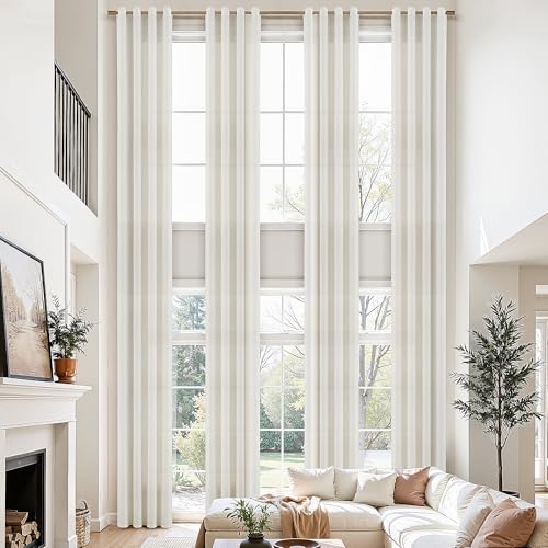 Image of Nanspring Extra Long Curtains 132 inch Length 2 Panels Set for Living Room Grommet Modern Farmhouse Coastal Decor Cotton Textured Cream Sheer Linen Curtains for High Window 52x132 Cream