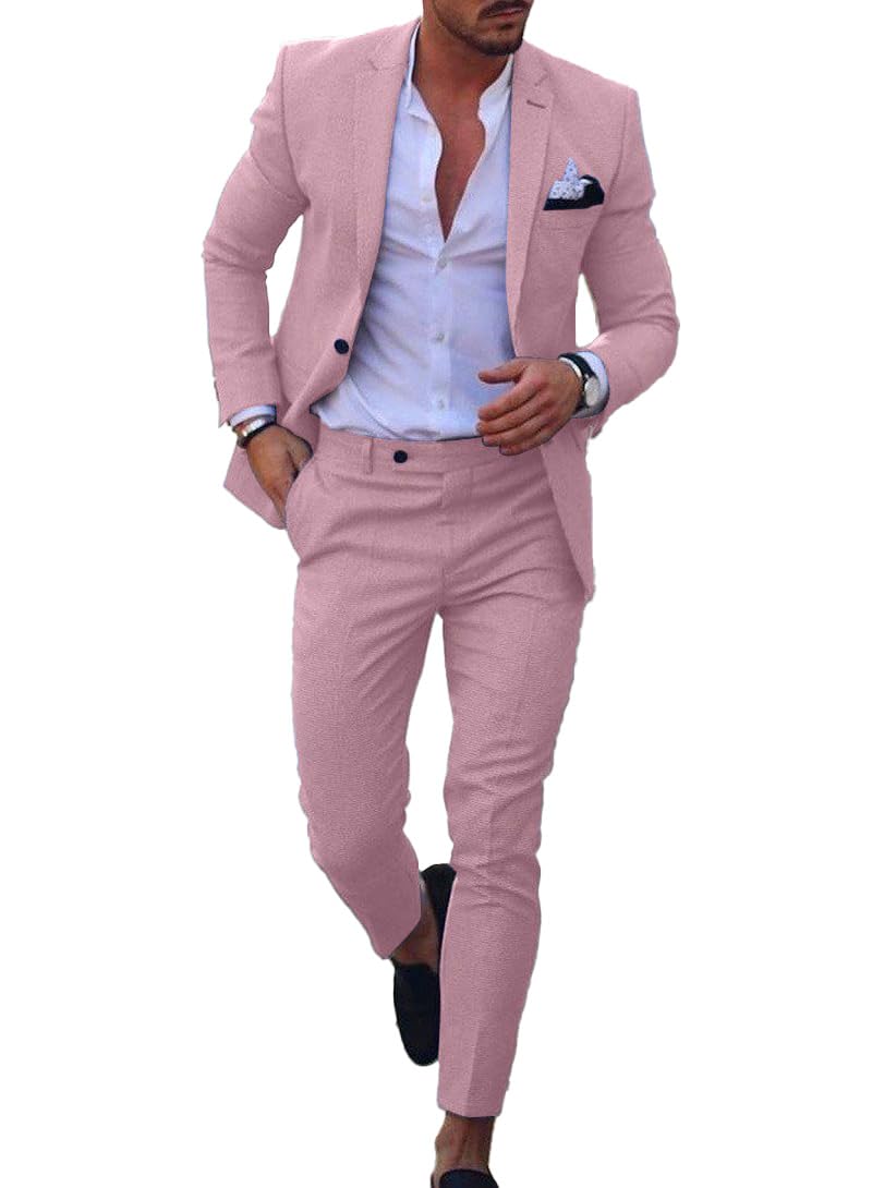 Conjunto de traje de lino para hombre, esmoquin casual, 2 piezas, blazer de ajuste regular, chaqueta y pantalones sólidos con un botón, para graduación, boda, fiesta