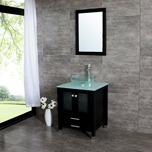 Bathjoy 24.8” Modern Wood Bathroom Vanity Cabinet Tempered Clear Glass Vessel Sink Top Bowl Free Faucet Drain With Mirror #TOP2