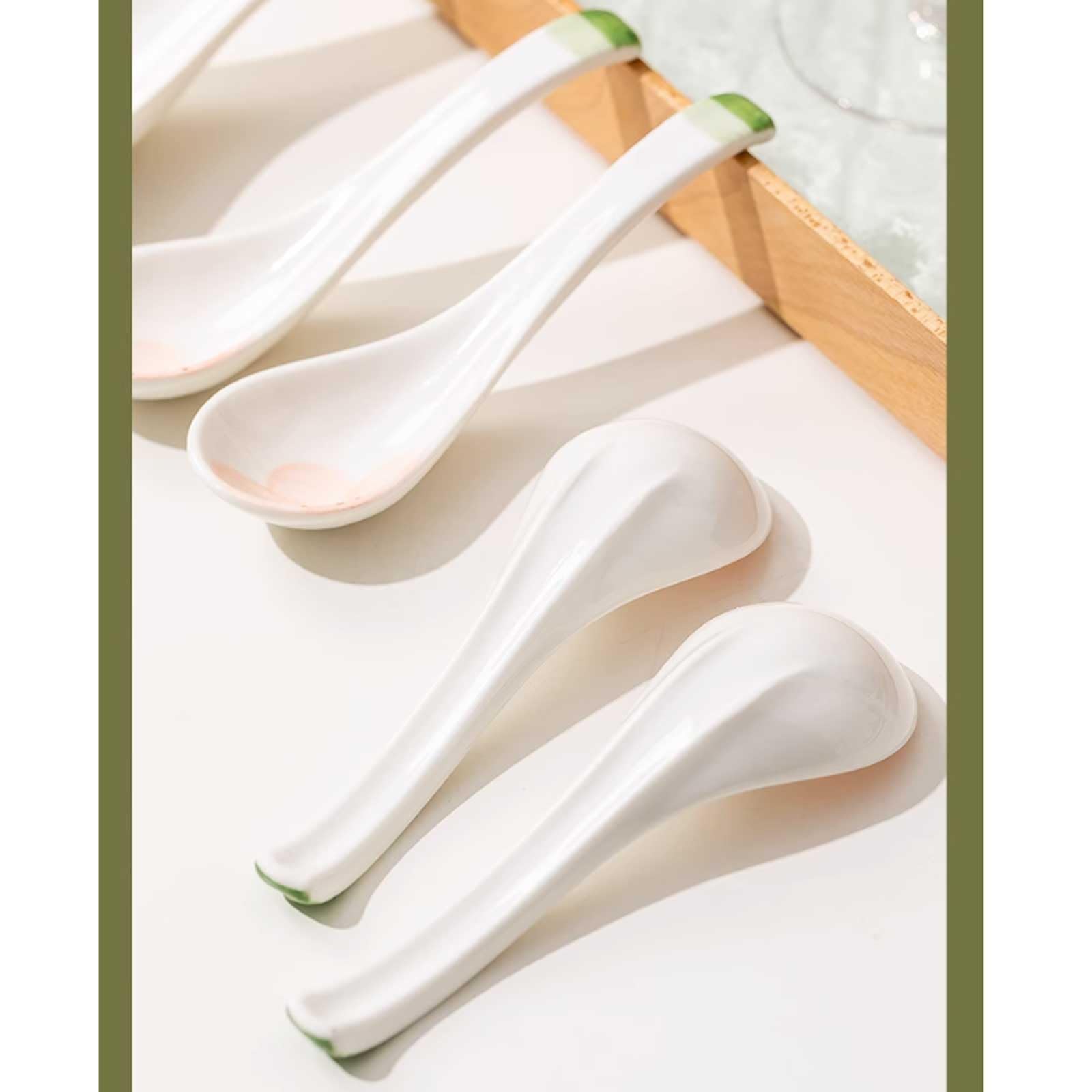 Cuillère à Soupe (Lot de 2) en céramique, cuillère ménagère Long Manche, Blanche Motifs colorés, Petite délicate, Table, Glace(L)