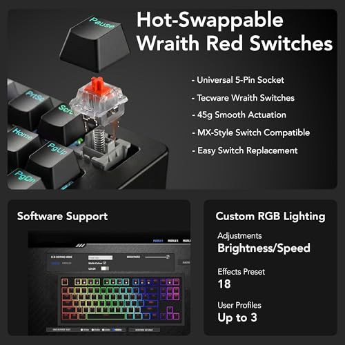 Image of TECWARE Phantom+ Elite 87 Key RGB Mechanical Gaming Keyboard | 3 Mode Wireless Bluetooth 5.0 2.4GHz & USB C Wired | Hot Swappable 5 Pin | Double Shot PBT Keycaps | Wraith Red Switch - Black