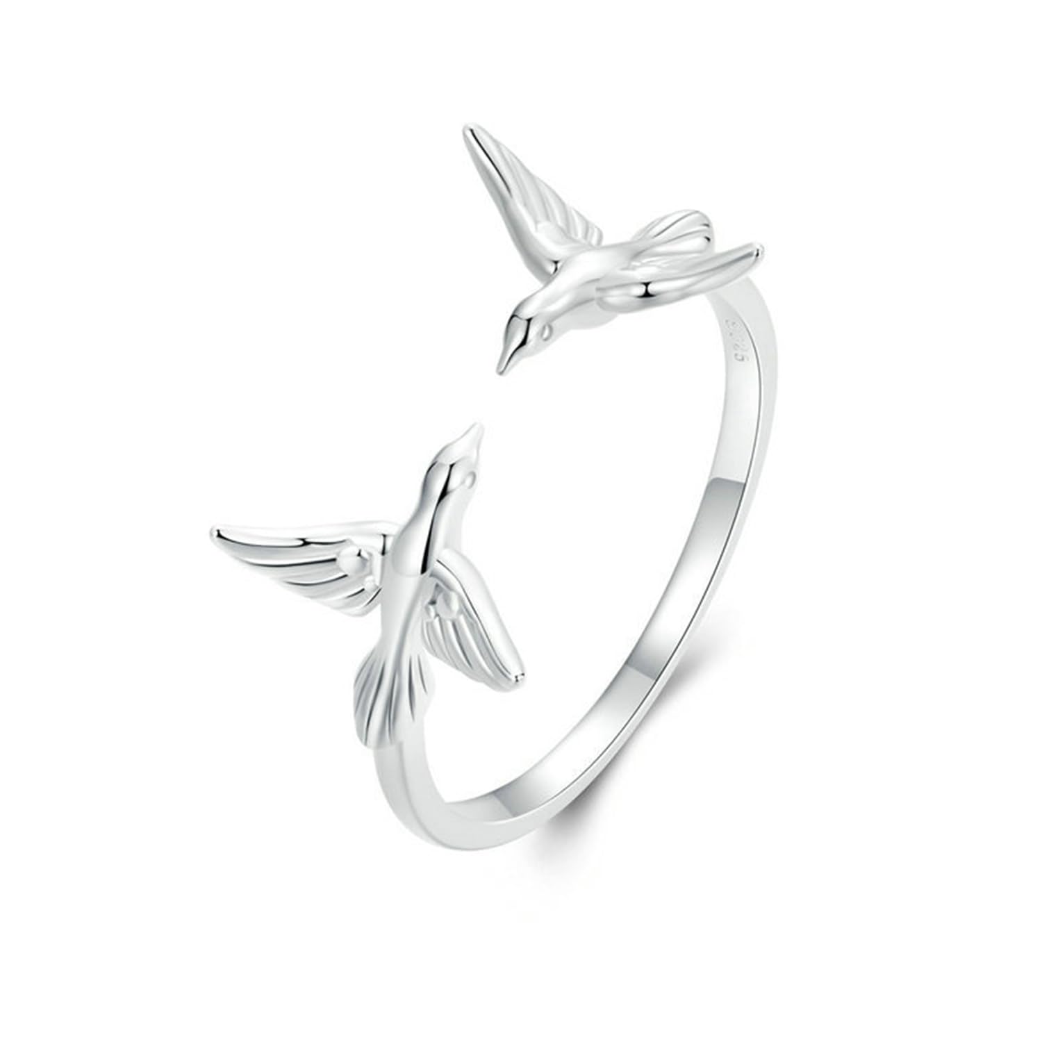 S925 Sterling Silber Doppel Eisvogel Öffnungsring, Süßer Vogel Stapelring, Fliegender Vogel Tier Verstellbarer Statement Ring, Offene Vogel Ringe Frauen