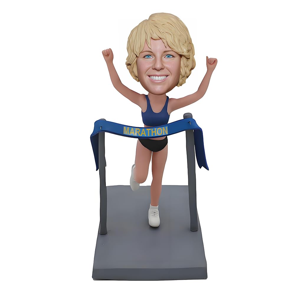 MEJELE Custom Marathon Runner Bobblehead, Victory Pose with Blue Banner, Sports Memorabilia, Personalized Handmade Gift Home Decoration
