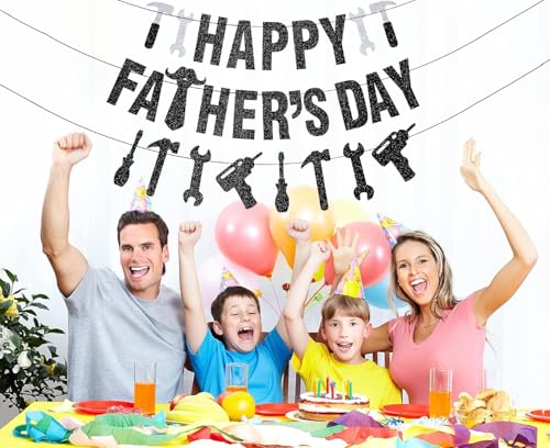 Image of Pre-Strung Happy Fathers Day Banner Party Decorations, NO DIY Glitter Fathers Day Banner with Household Tools Garland for Step Dad Grandpa Papa Home Indoor Mantel Wall Room Photo Props Backdrop Decor