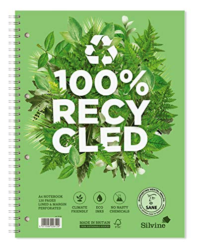 Silvine A4+ Premium Recycled Wirebound Notebook, Lined with Margin, 120 Pages of 100% Recycled Paper. Ref R102, Single Size