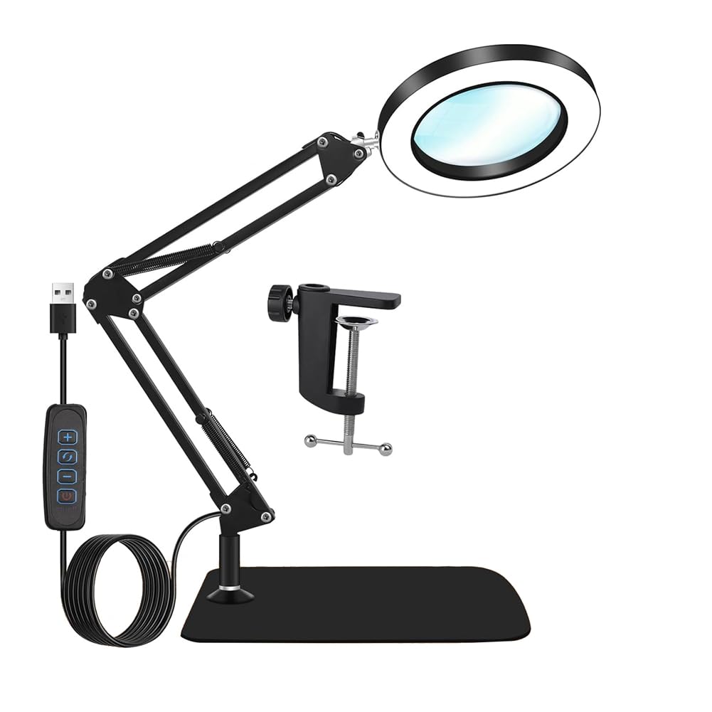MARALANG 10X Magnifying Glass with Light and Stand, Dimmer Adjustable Swing Arm 2-in-1 Desk Lamp and Clamp, LED Desk Magnifier
