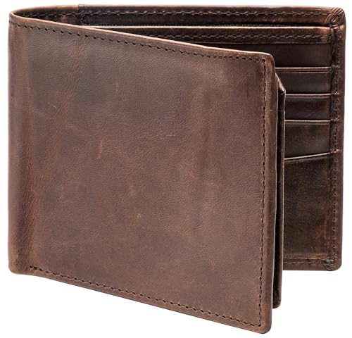 Real Leather RFID Blocking Genuine Real Leather Bifold Wallet for Men with Zipper and 2 ID Windows (Brown)