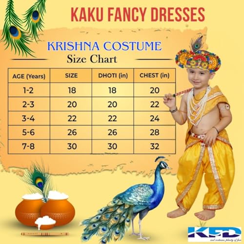Image of Kaku Fancy Dresses Krishna Costume With Dhoti For Boy /Janmashtami /Bal Gopal Dress /Kanha Costume /Bal Krishna /Mythological Costume For Boy - Yellow-Red, 1-2 Years
