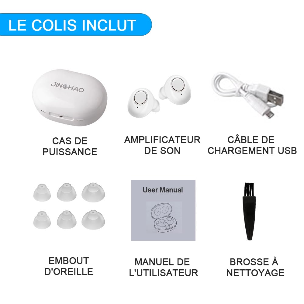 JINGHAO Amplificateur De Son Rechargeable Amplificateur de son auditif Invisible Avec Portable Boîtier De Chargement, lot de 2 (Blanc)