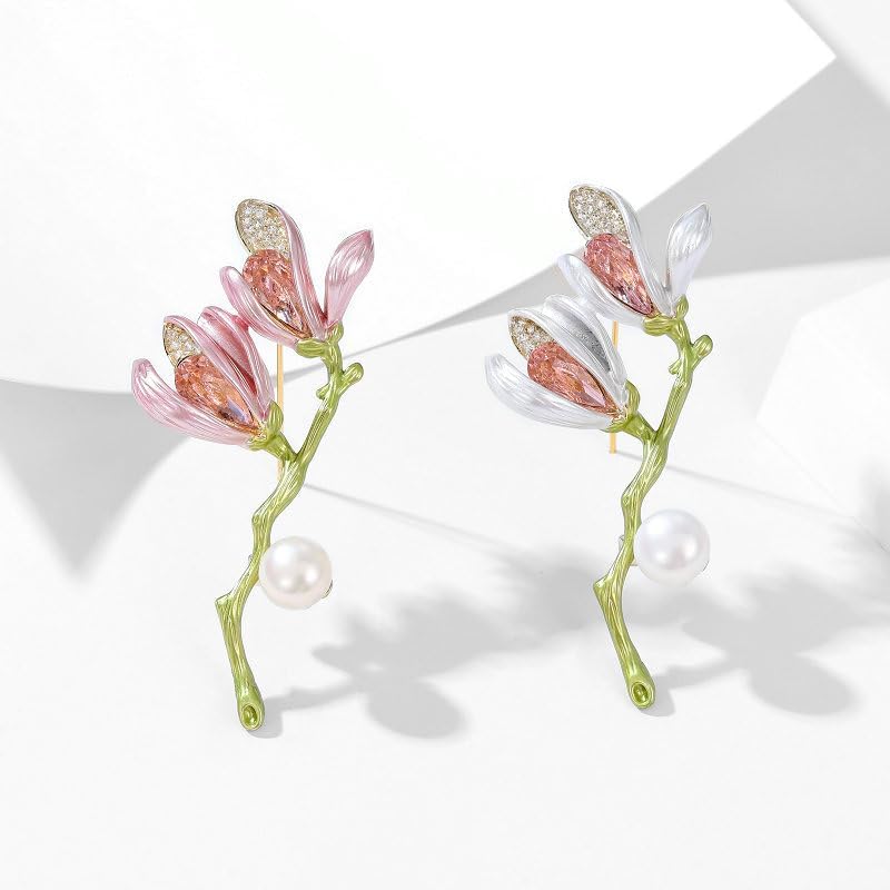 Image of 14K Gold Graceful Vintage Chinese Style Brooch Pin for Women, Freshwater Pearl Magnolia Flower Pink /White Pin, Ideal for Traditional Events, Women's Brooches & Pins