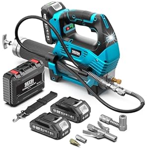 Seesii 10000PSI Akku Fettpresse Set: 3 Geschwindigkeiten, Bürstenlosem Motor, Elektrische Fettpresse mit 2 Akkus, 3 Mundstück, 39,4" langem Schlauch, 90-Grad-Adapter und LED-Leuchte