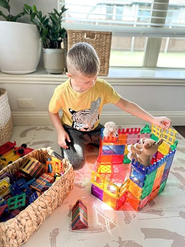100 magnetických dlaždic STEM stavební hračky se 2 auty, senzorické magnetické stavebnice pro batolata a děti, předškolní montessori hračky dárky pro chlapce a dívky od 3 let