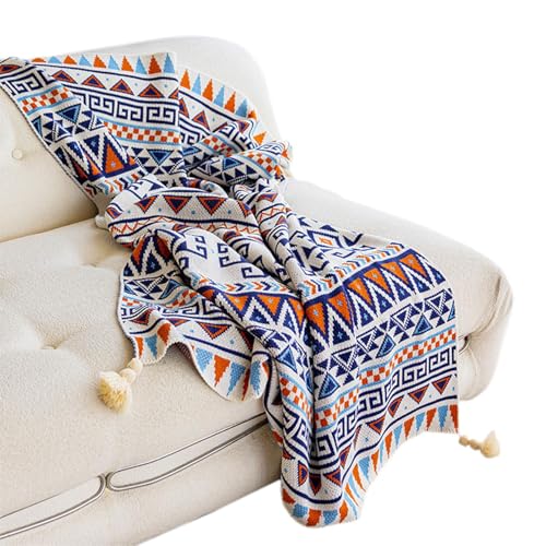 Manta para sofá, colcha de rayas geométricas, manta acogedora, manta de decoración de granja, colcha rústica ultrasuave para sofá, sofá o silla, 100 x 70 x 2 cm, azul y naranja