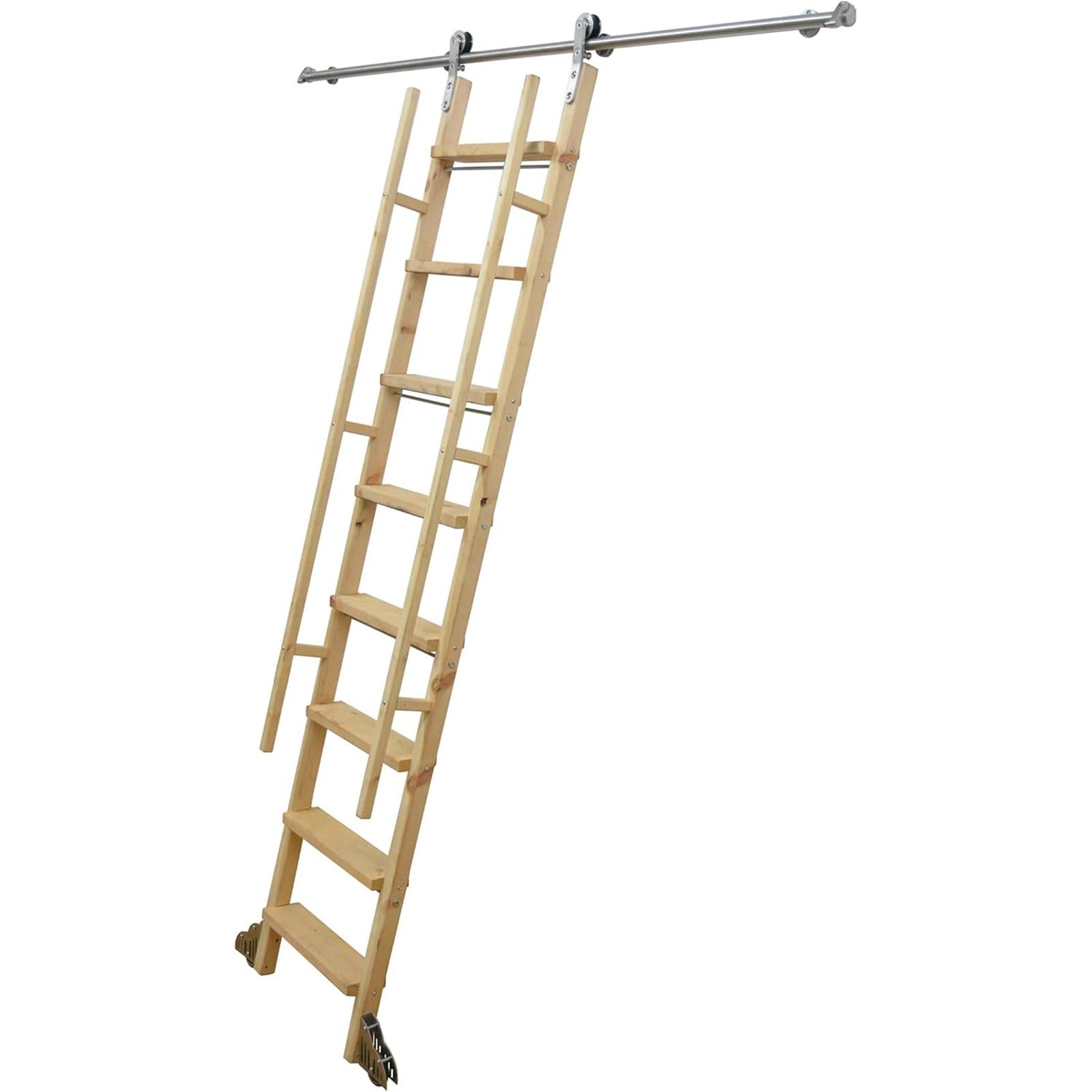 Schiebe-Bibliotheksbeschläge, Roll-Rundrohrschiene 2,0-8,0 m, Edelstahl-Roll-Schiebe-Bibliotheksleiter-Beschläge, komplettes Schienenset, Bodenrollen mit Bremse (Größe: 16 ft/488 cm Schienen