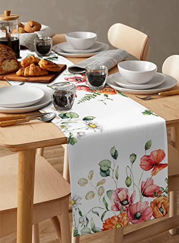 Table Runner 48 Inches Long, Spring Flowers Elegant Poppy Floral Eucalyptus Leaf Watercolor Seasonal Cotton Linens Dresser Scarves, Machine Washable Kitchen Dining Table Indoor Outdoor Home Decor #TOP5