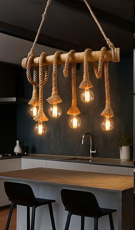 Image of Rustic Jute Rope Hanging Light with Wooden Beam 6 Light Pendant Ceiling Lamp Farmhouse Hanging Light for (Bulb not Included), Pack of 2