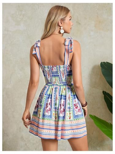 Image of MakeMeChic Women's Summer Floral Mini Dress Shirred Tie Shoulder Sleeveless A Line Short Cami Sundresses