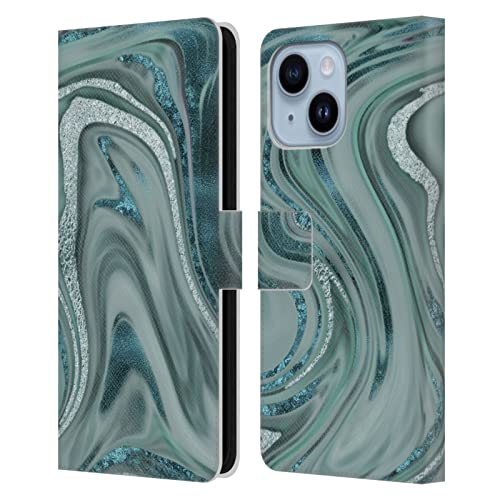 Étui portefeuille LebensArt vert mousse de mer marbre pour iPhone 14 Plus coque cuir