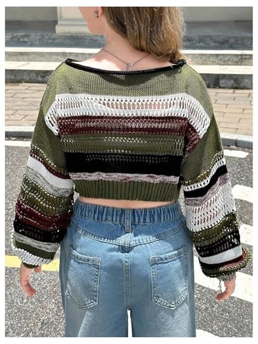 Girl's Striped Hollow Out Cropped Sweater Boat Neck Long Sleeve Crochet Crop Top Drop Shoulder Pullover Tops4