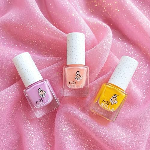 Miss Nella PIXIE DUST – Peel Off, bezzapachowy, na bazie wody i bezpieczny lakier do paznokci dla dzieci, 3 sztuki, brzoskwinia (brokat), fioletowy i żółty (błyszczący)