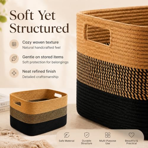 Image of 19.2GAL Sturdy Large Laundry Basket with Handles for Dirty Clothes, Portable Aesthetic Boho Cute Woven Storage Blanket Baskets for Living Room Decor and throws pillows Kids Toys Bath Towle Khaki Black