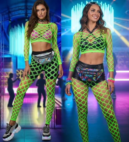 Image of ToBeInStyle Women's Spandex Multi Net Fishnet Set Rave Novelty Party Crop Top & Tights