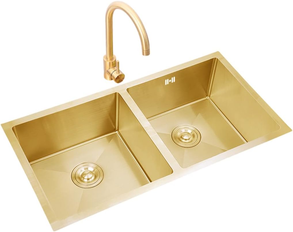 Amazon Co Jp キッチンシンク キッチンシンク 水栓付き ゴールデンスクエアダブルボウルバープレップキッチンシンク ドロップインまたはアンダーマウント取り付け 304ステンレススチール お手入れ簡単 ゴールド 85x45cm Diy 工具 ガーデン