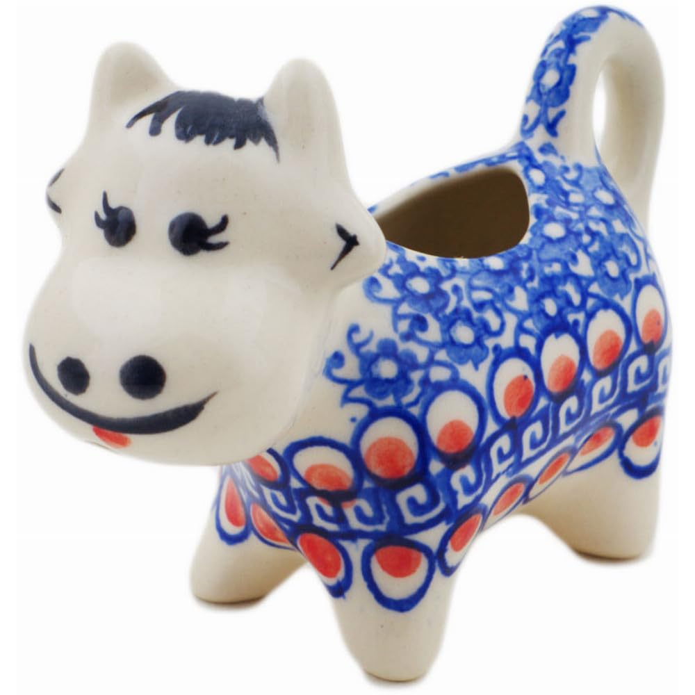 Authentic Polish Pottery Cow Shaped Creamer in Floral Peacock Design Handmade in Boles?awiec Poland by Ceramika Bona + Certificate of Authenticity