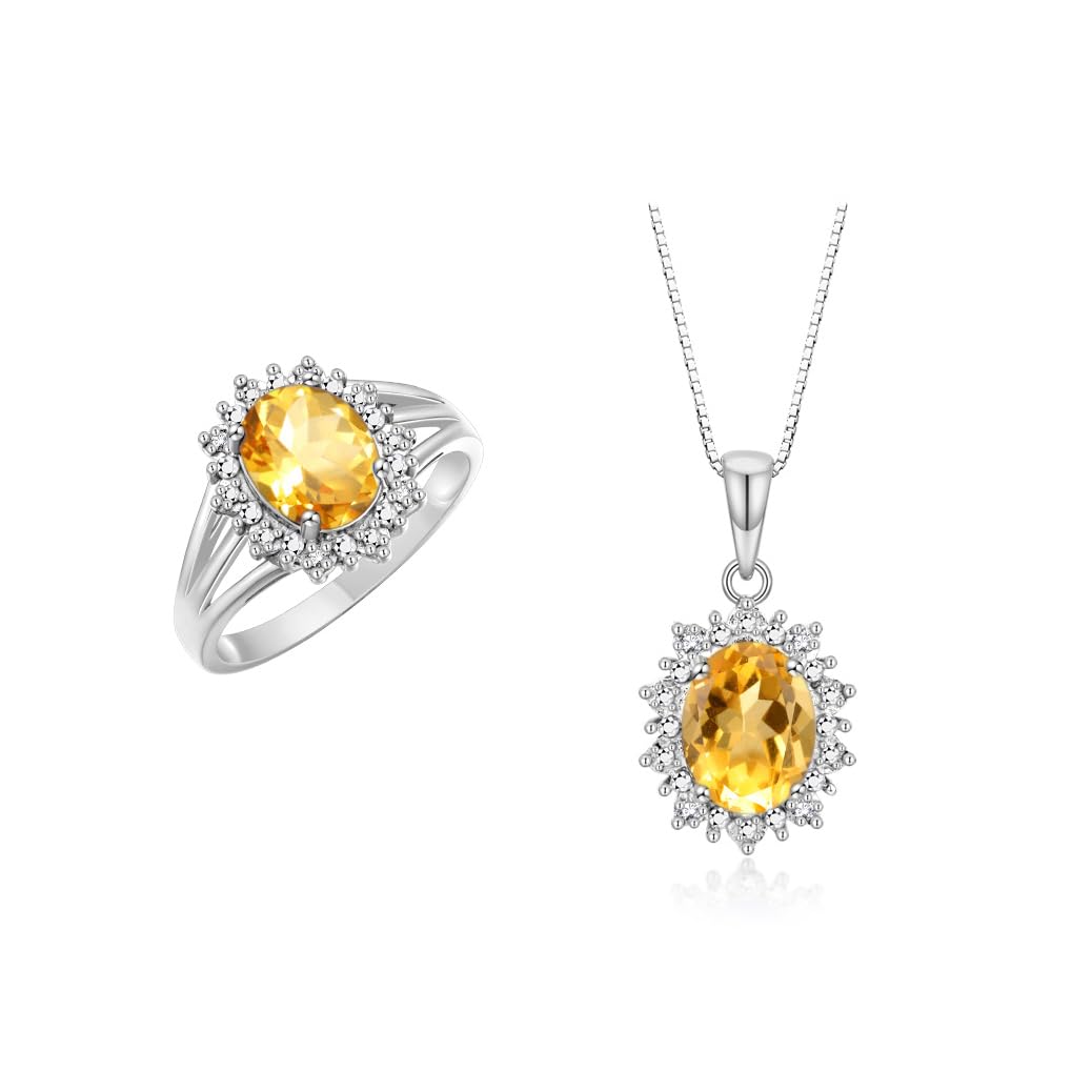 Rylos Women's Sterling Silver Princess Diana Ring &amp; Pendant Set. Gemstone &amp; Diamonds, 9X7MM Birthstone. Matching Friendship Jewelry, Sizes 5-10.