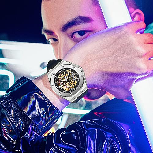 Image of Tiong Fashion Automatic Watches Mechanical Wrist Watch Golden for Mens Skeleton Watches with Stainless Steel Transparent Dial