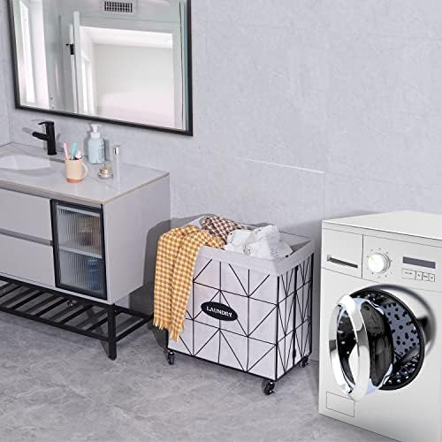 Miniatura 4 de Mxfurhawa Cesta plegable para la ropa sucia con ruedas, capacidad y forro extraíble, marco de metal resistente para almacenamiento y transporte de