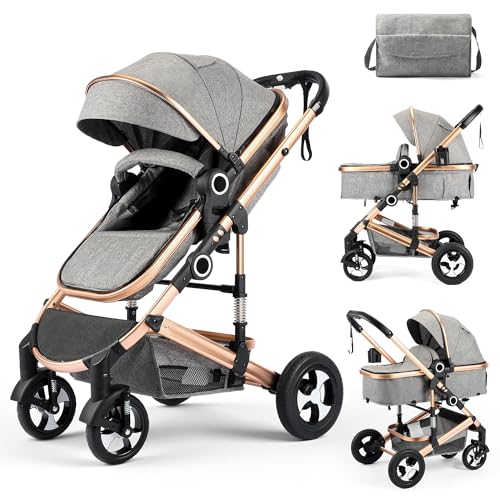 Image of Kinder King 2 in 1 Convertible Baby Stroller, Folding High Landscape Infant Carriage, Newborn Reversible Pram, Adjustable Canopy, Diaper Bag, Anti-Shock Toddler Pushchair Stroller, Gold