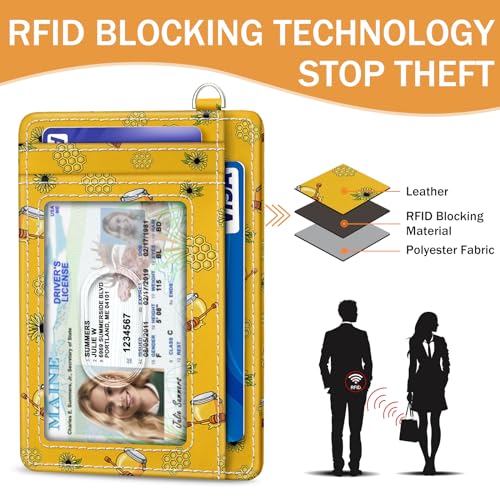 Image of Yonlevres Bee Credit Card Holder Slim RFID Wallet Women Small Travel Cute | Front Pocket, Handy, RFID Blocking, Woman Girls Ladies Gifts, D-ring for Keychain,Thin Mini Card Case, ID Window, PU Leather