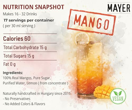 Image of Mayer Mango Syrup for Drinks, Award-Winner, Premium Hungarian Fruit Syrup for Cocktails, Smoothies, Lemonade, Desserts - Crafted with 100% Real Fruits - Rich Taste, No Artificial Flavor, No Additives -Award Winning Artisanal Beverage 16 Oz, 1Pack