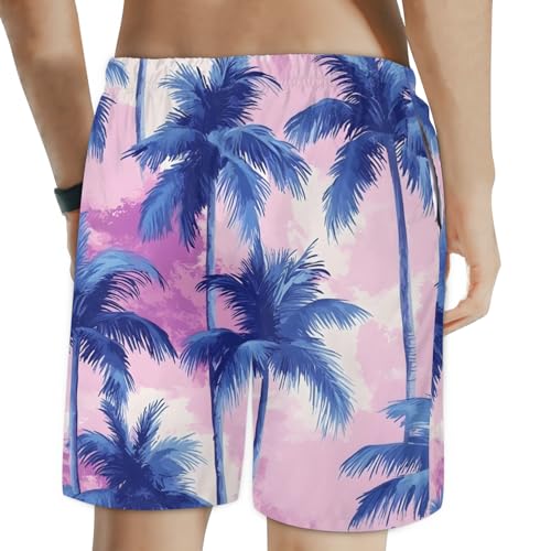 Men's Swim Trunks Size S Palm Tree Mural with Mesh Lining Soft Breathable Quick Dry Beach Shorts Dreamy Blue2