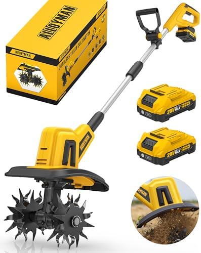Alloyman 20V Cordless Tiller Cultivator, 360RPM Electric Garden Tiller, with 2 * 2.0Ah Batteries & Charger, 9In Tilling Width and 6.6In Depth Garden Rototiller for Lawn/Gardening/Soil Cultivation