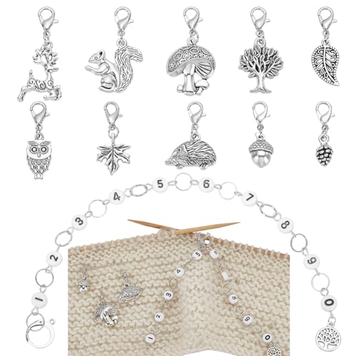 BENECREAT 11Pcs Acrylic Number Knitting Row Counter Chains and Alloy Autumn Theme Charm Locking Stitch Markers with Lobster Claw Clasps for Knitting Weaving Sewing Accessories Antique Silver